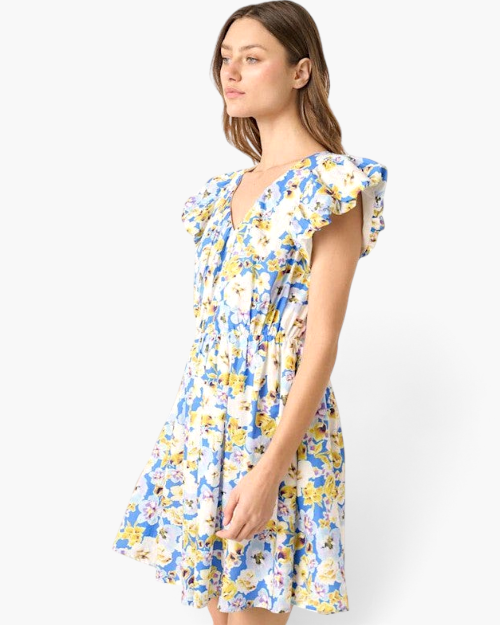 Beach Rose Co. blue floral cotton mini dress with V-neckline and layered ruffle sleeves on a model