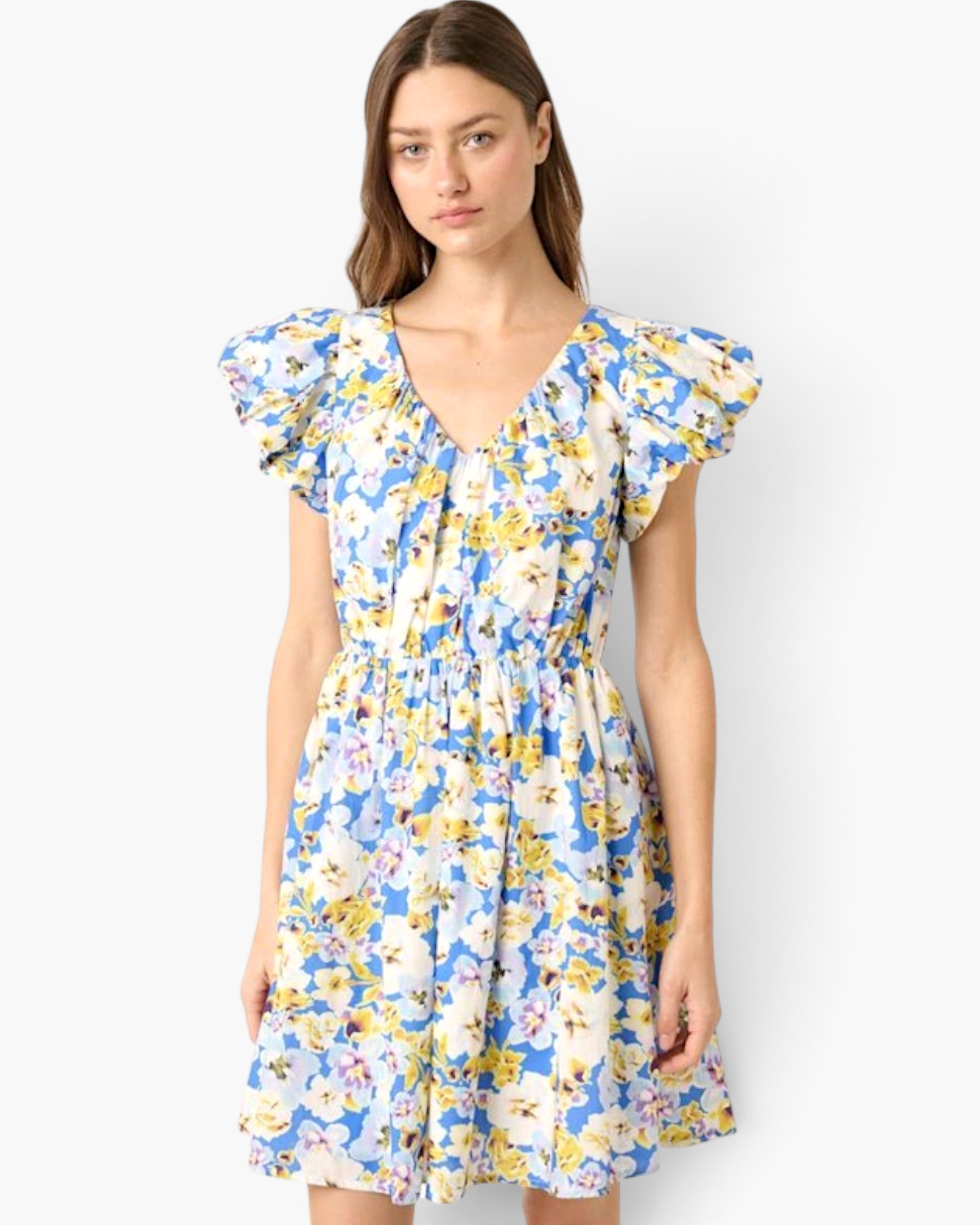 Beach Rose Co. blue floral mini dress with V-neckline and layered ruffle sleeves in lightweight cotton
