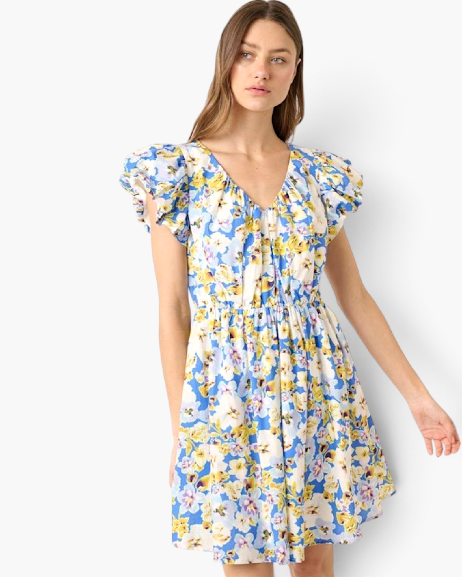 Beach Rose Co. blue floral cotton mini dress with V-neckline and layered ruffle sleeves on a model