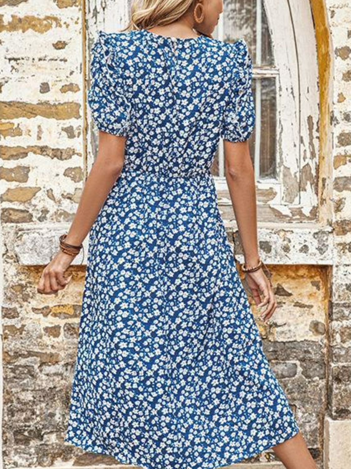 Beach Rose Co. - Blue Floral Short Sleeve Midi Dress