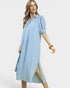 Beach Rose Co. blue and white gingham midi dress with collared split neckline, puff sleeves, ruffle hem, and side pockets.