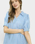 Beach Rose Co. blue and white gingham midi dress with collared split neckline, short puff sleeves, and ruffle hem.