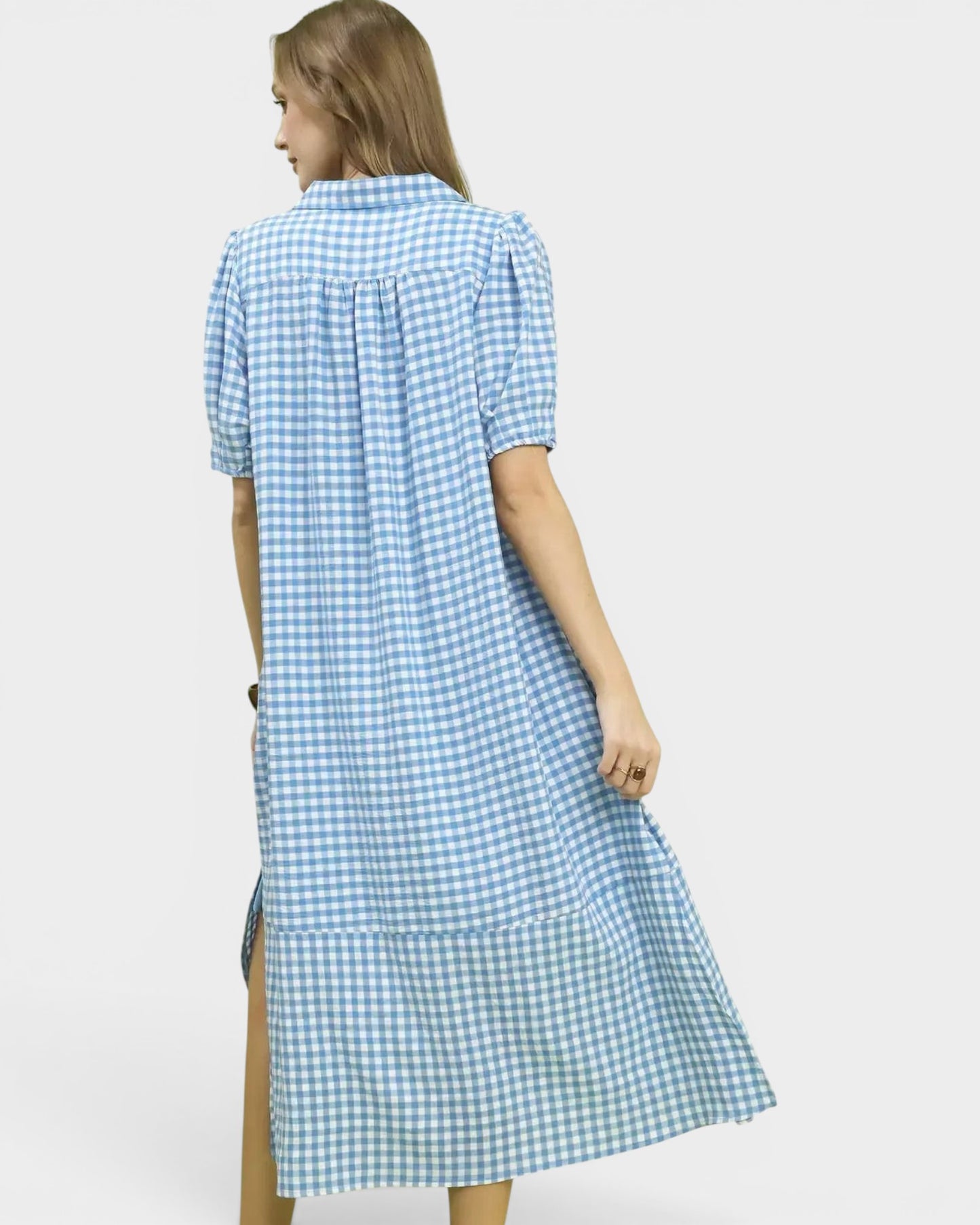 Beach Rose Co. blue and white gingham midi dress with collared split neckline, short puff sleeves, and ruffle hem.