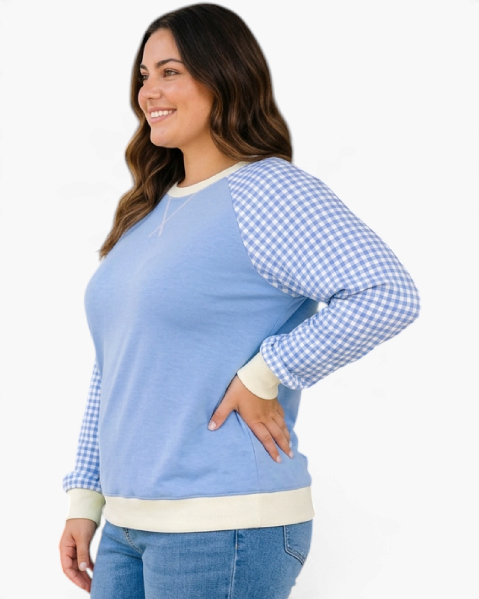 Beach Rose Co. plus size blue sweatshirt with gingham raglan sleeves, cream trim, and decorative neckline stitching.