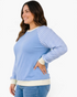 Beach Rose Co. plus size blue sweatshirt with gingham raglan sleeves, cream trim, and decorative neckline stitching.
