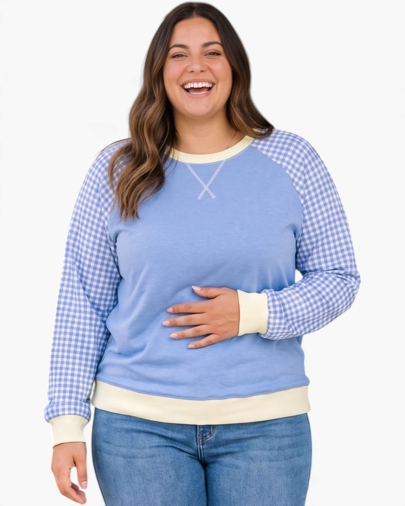 Beach Rose Co. plus size blue sweatshirt with gingham raglan sleeves, cream trim, and decorative neckline stitching.