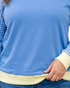 Beach Rose Co. plus size blue sweatshirt with gingham raglan sleeves and cream banded hem