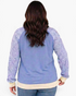 Beach Rose Co. plus size blue sweatshirt with gingham raglan sleeves and cream banded hem, back view