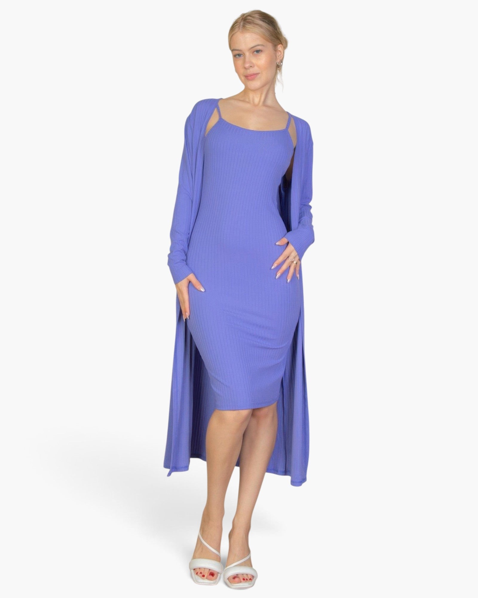 Beach Rose Co. blue haze ribbed midi bodycon dress and matching long cardigan set worn by a blonde model