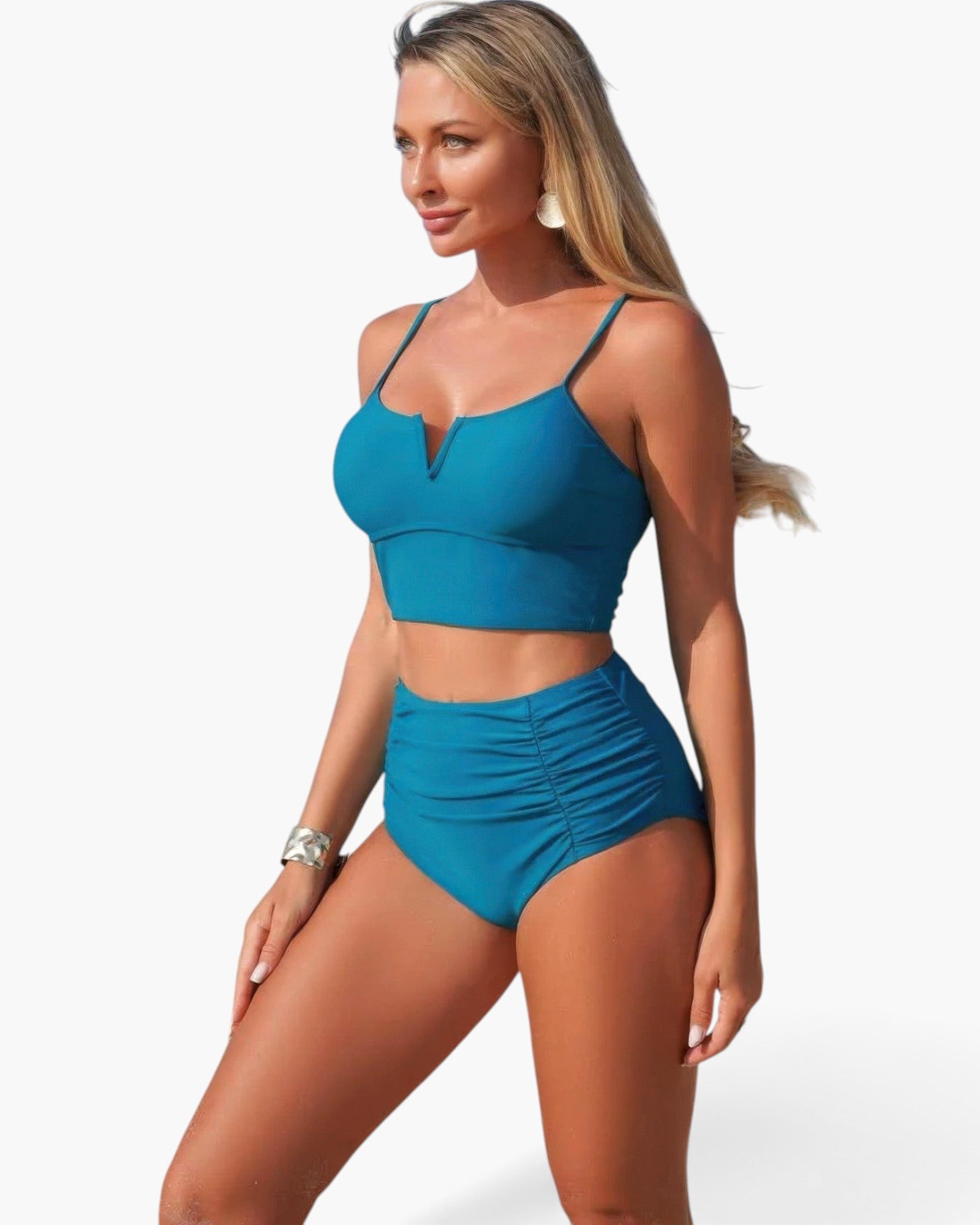 Beach Rose Co. blue two-piece bikini with a notched neckline top and high-waisted pleated bottoms on a model