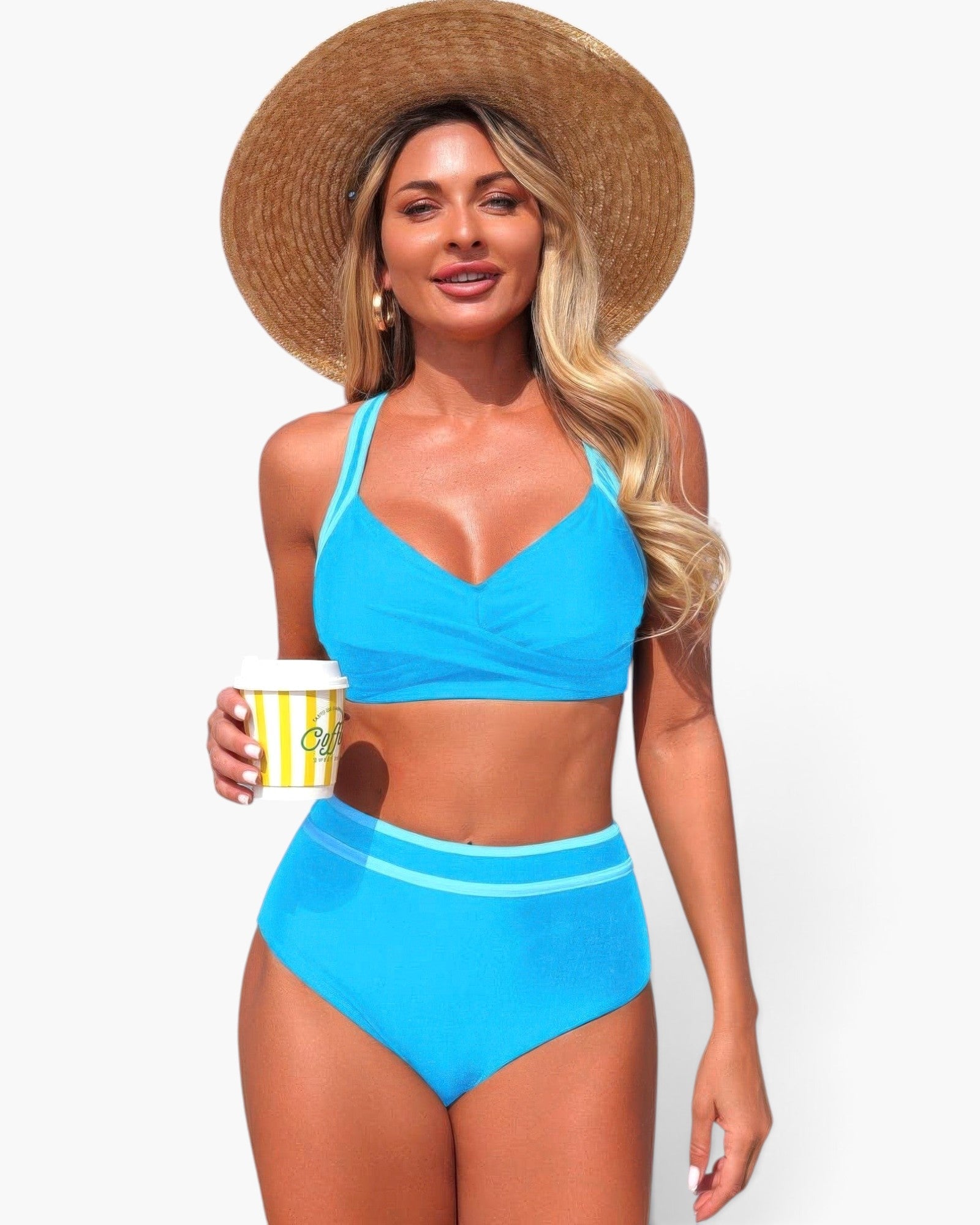 Beach Rose Co. blue high-waisted bikini with cross-front top and straw hat on a woman holding a coffee cup
