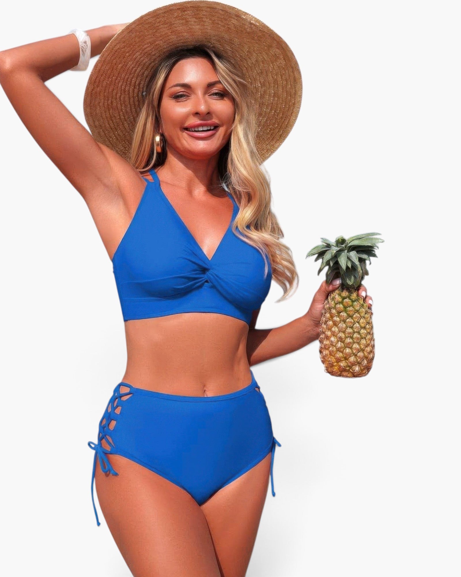 Beach Rose Co. blue two-piece high-waisted bikini with V-neck top and cross-side detailing worn by a smiling woman.