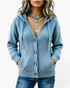 Beach Rose Co. blue knit hooded cardigan with front buttons, pockets, and ribbed trim on a woman wearing necklaces.