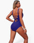 Beach Rose Co. blue one-piece swimsuit with a lace-up back detail and flattering tummy control fit.