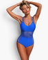 Beach Rose Co. blue one-piece swimsuit with tummy-control, sheer mesh panels, and ring-accented shoulder straps.