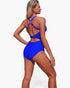Beach Rose Co. blue one-piece swimsuit with a high-waisted silhouette and U-ring back detail on a model