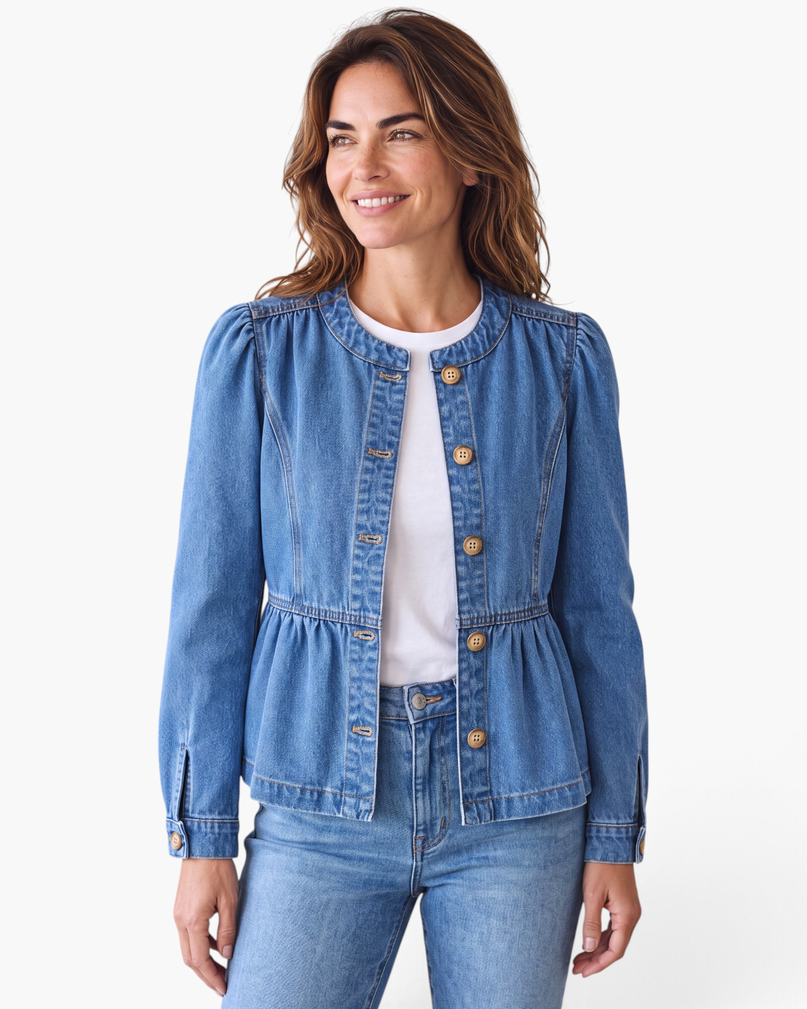Beach Rose Co. blue cotton denim jacket with puff sleeves, round neckline, and a feminine gathered peplum hem.