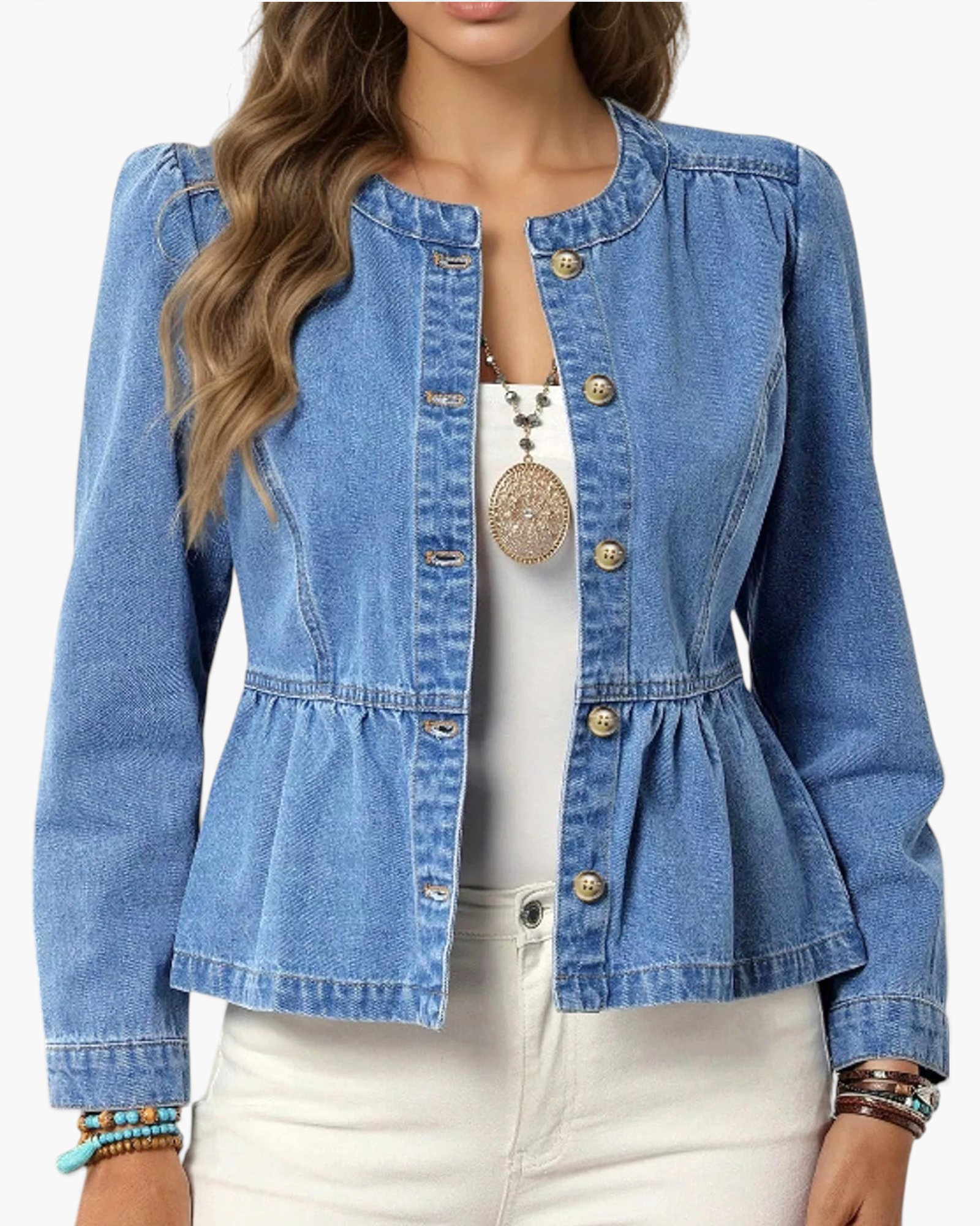 Beach Rose Co. blue denim jacket with puff sleeves, round neckline, button front, and a feminine peplum hem.