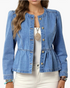 Beach Rose Co. blue denim jacket with puff sleeves, round neckline, button front, and a feminine peplum hem.