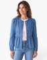 Beach Rose Co. blue cotton denim jacket with puff sleeves, round neckline, and a feminine gathered peplum hem.