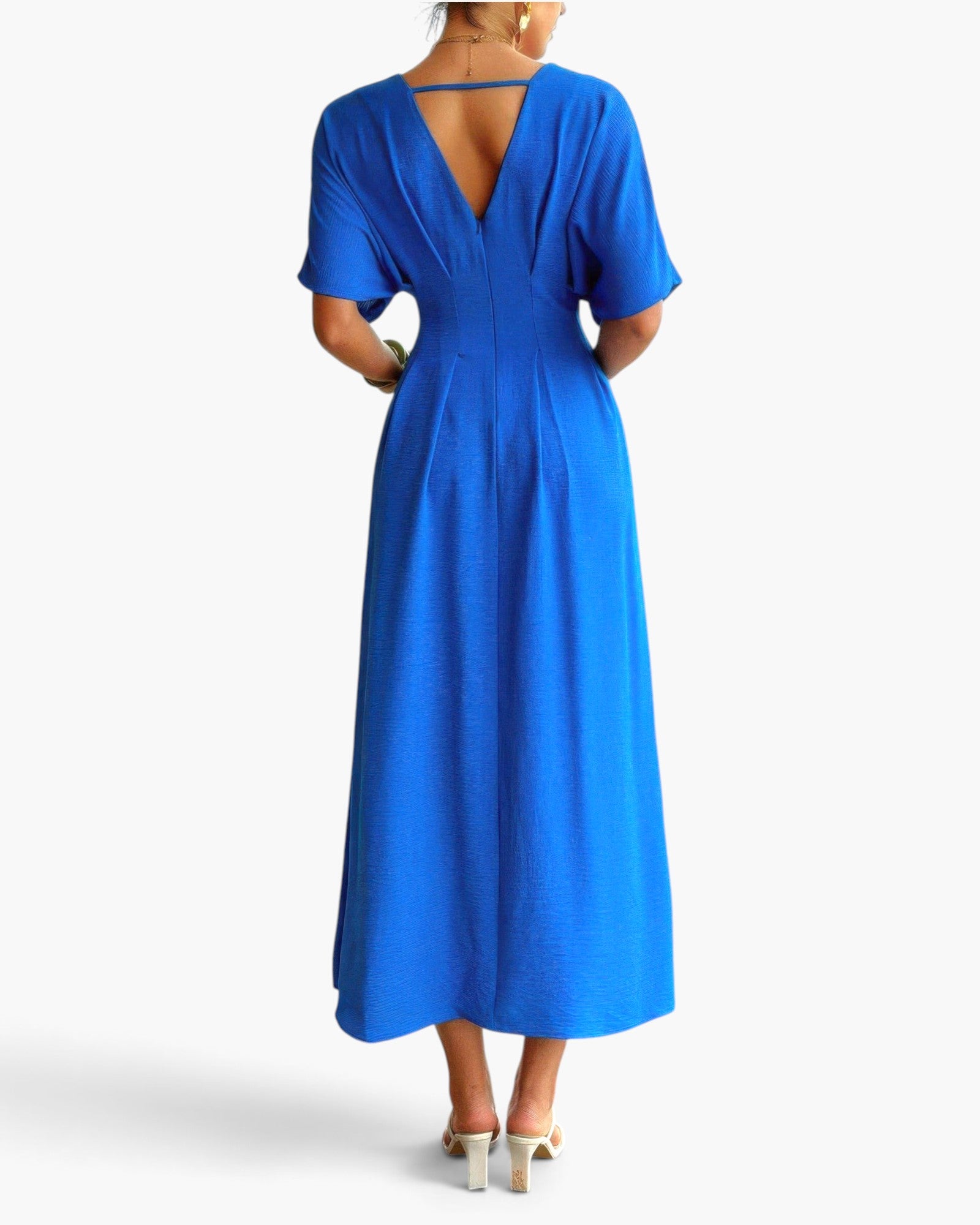 Beach Rose Co. blue pleated A-line full dress with batwing sleeves and a V-back, worn by a model from behind.