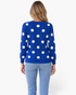 Beach Rose Co. royal blue knit cardigan with oversized white polka dots worn by a model from the back view.