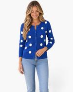 Beach Rose Co. royal blue cardigan with oversized white polka dots, button-front closure, and ribbed trim on a model.