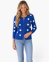 Beach Rose Co. royal blue cardigan with oversized white polka dots, button-front closure, and ribbed trim on a model.