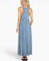 Beach Rose Co. blue maxi dress with a racerback bodice, pleated skirt, and scalloped trim seen from the back.