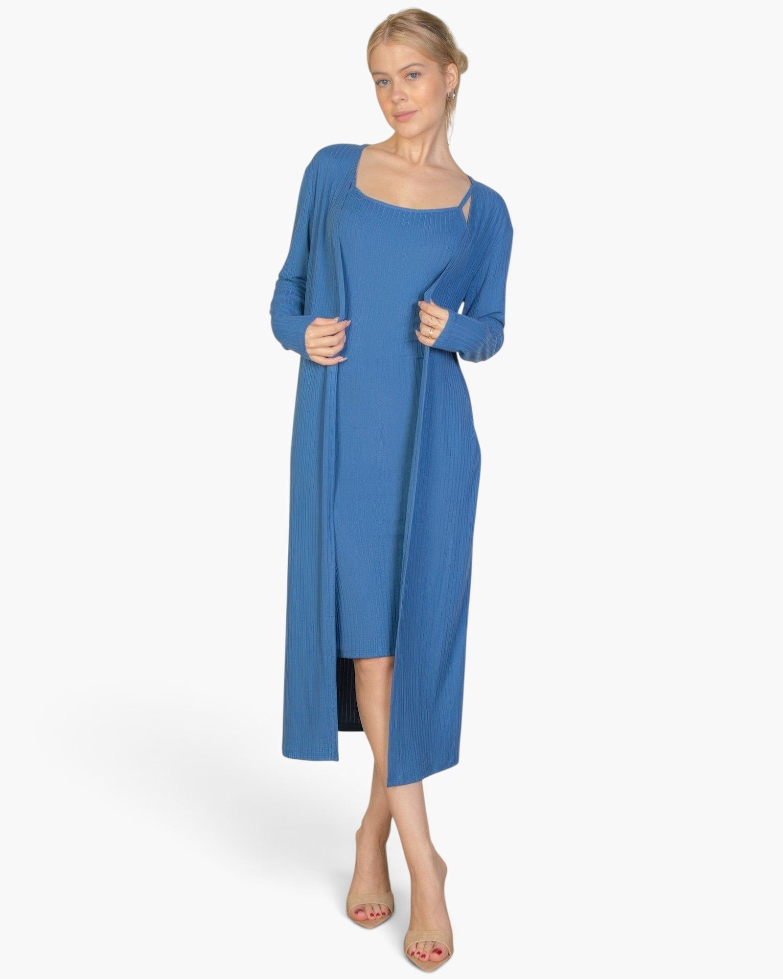 Beach Rose Co. blue ribbed midi bodycon dress and matching long cardigan set worn by a blonde model