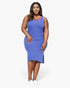 Beach Rose Co. plus size blue ribbed tank midi dress with side slits worn by a model with white sneakers