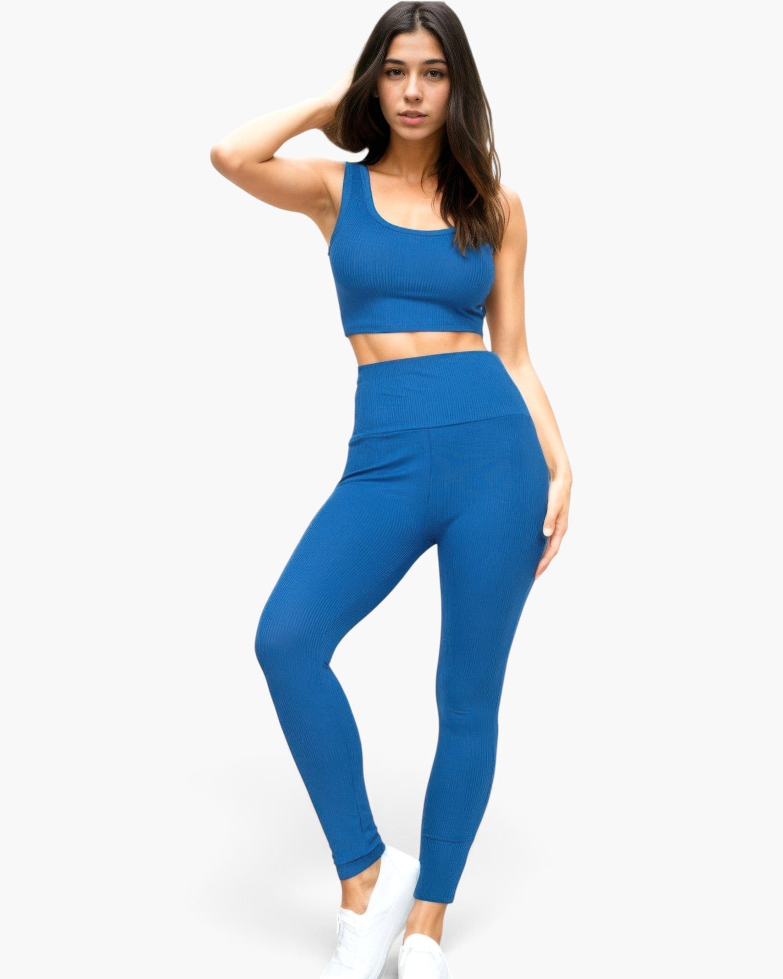 Beach Rose Co. blue ribbed crop top and high-waisted leggings set worn by a model on a white background.