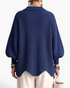 Beach Rose Co. blue ribbed knit cardigan with balloon sleeves, fold-over collar, and a scalloped hem, back view.