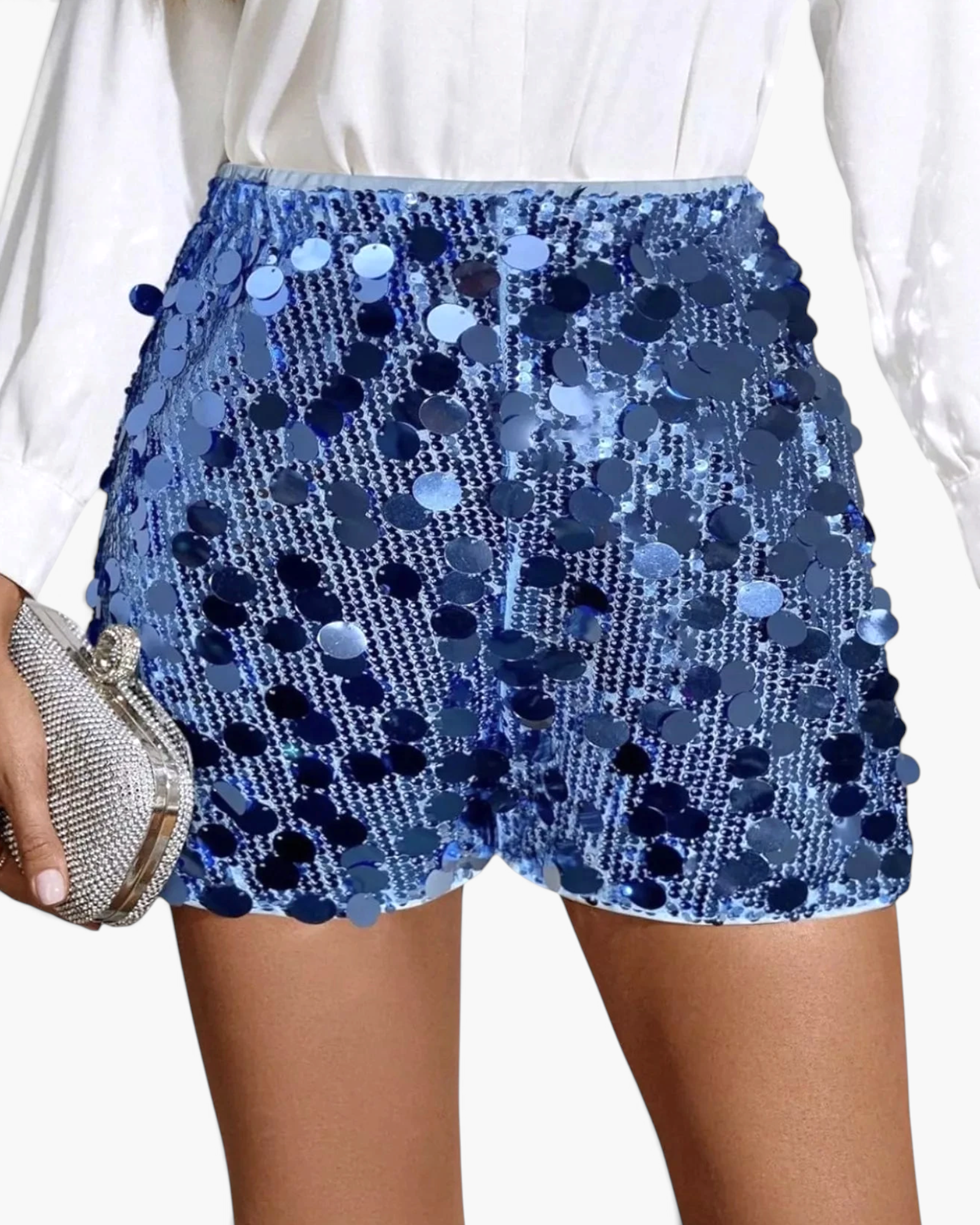Beach Rose Co. blue sequin shorts featuring mixed-size sequins and oversized disc embellishments.