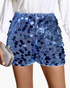 Beach Rose Co. blue sequin shorts featuring mixed-size sequins and oversized disc embellishments.
