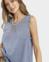 Beach Rose Co. blue and white striped linen blend sleeveless top with fringe trim and raw hem.
