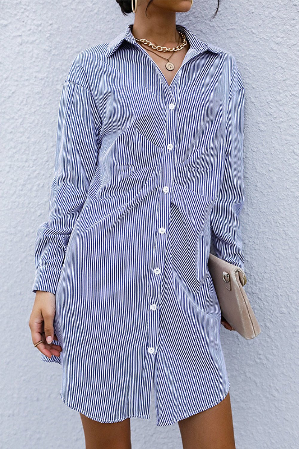 Beach Rose Co. - Blue Striped Button Front Mini Shirt Dress