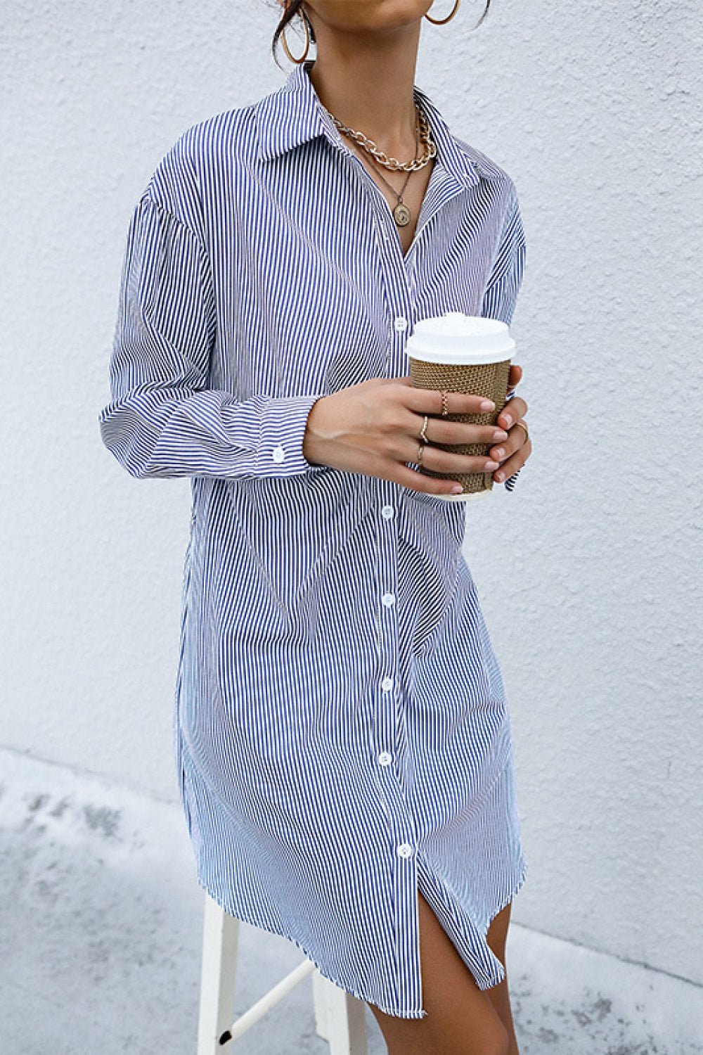 Beach Rose Co. - Blue Striped Button Front Mini Shirt Dress