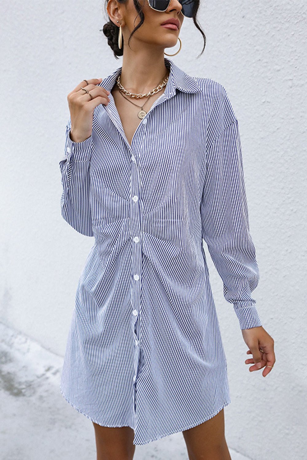 Beach Rose Co. - Blue Striped Button Front Mini Shirt Dress