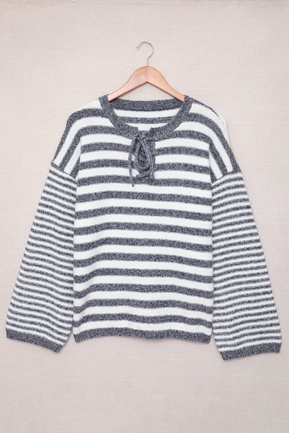 Beach Rose Co. - Blue Striped Lace Up Bell Sleeve Sweater