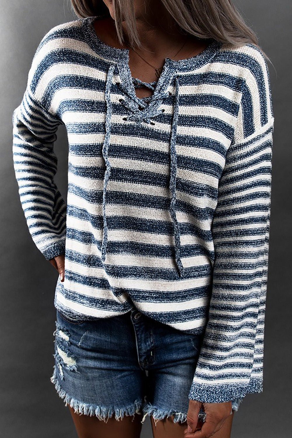 Beach Rose Co. - Blue Striped Lace Up Bell Sleeve Sweater