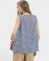 Beach Rose Co. blue and white striped linen blend sleeveless top with fringe hem and button back detail.