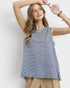 Beach Rose Co. blue and white striped linen blend sleeveless top with fringe trim and raw hem.