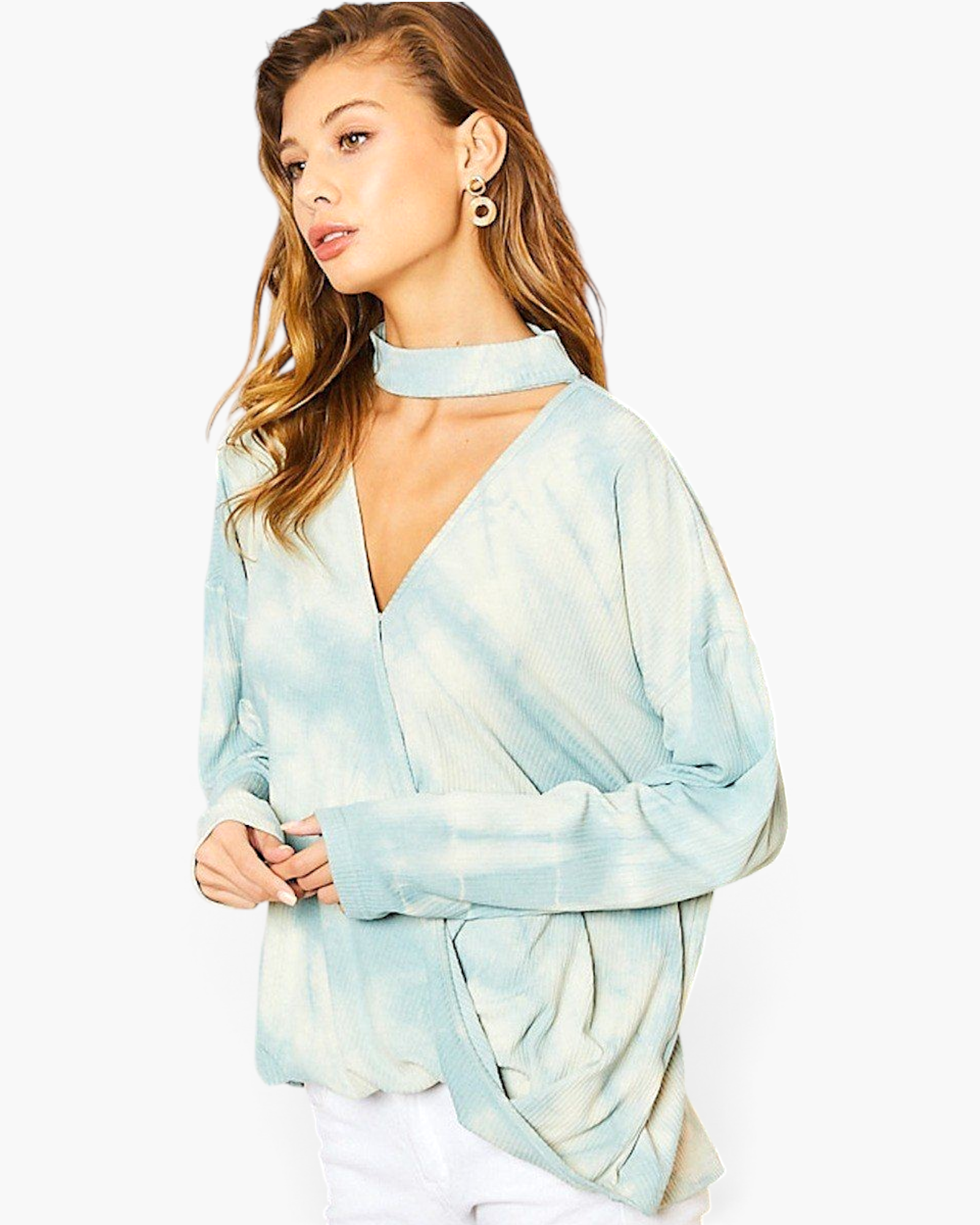 Beach Rose Co. blue tie-dye surplice top with a choker neckline worn by a model with long wavy hair