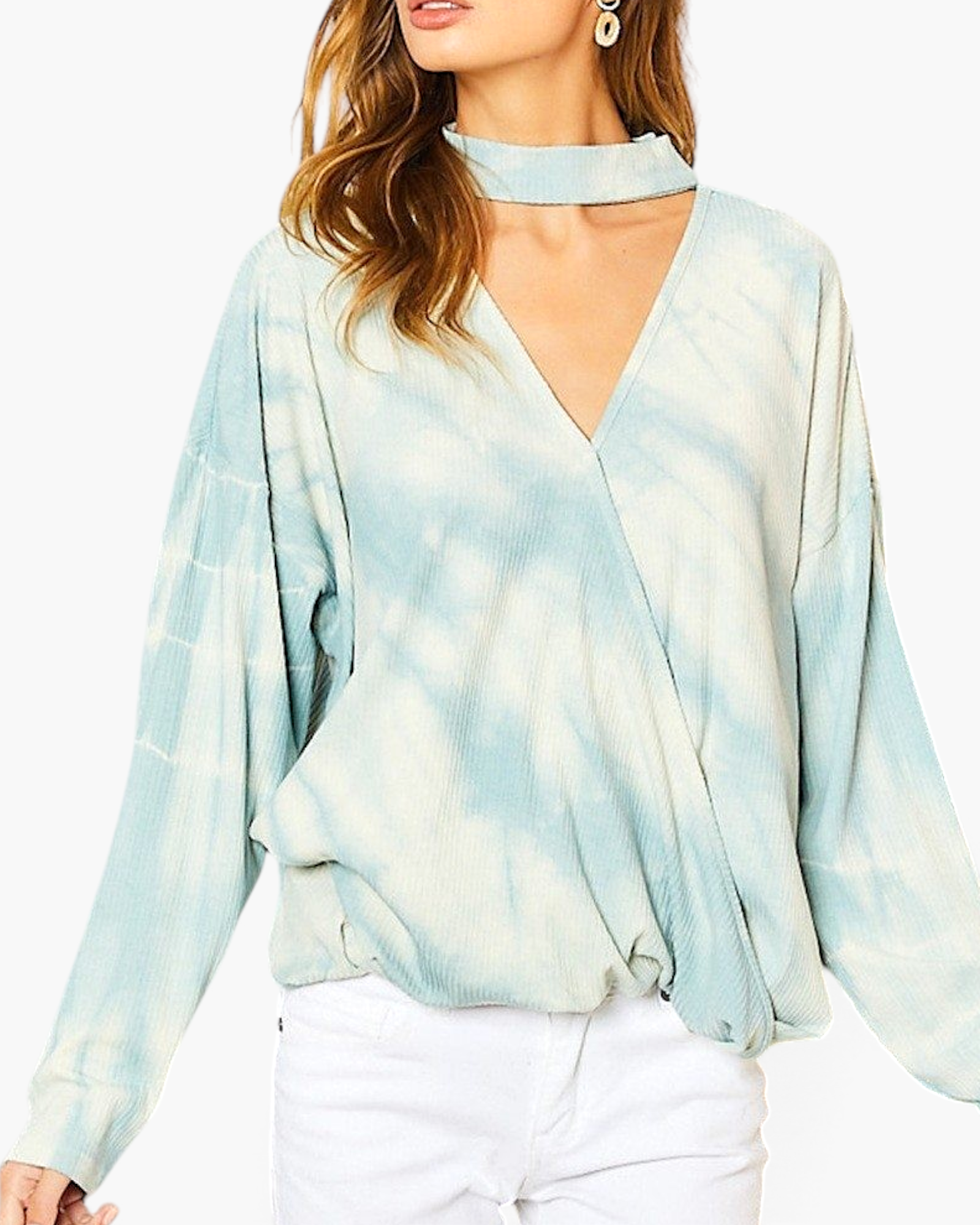 Beach Rose Co. blue tie-dye surplice top with a trendy choker neckline and long sleeves on a model