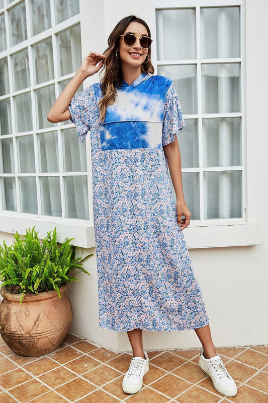 Beach Rose Co. - Blue Tie - Dye Floral Hooded Midi Dress