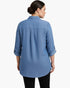 Beach Rose Co. blue tunic blouse with a relaxed fit, structured collar, and roll-tab sleeves, back view.