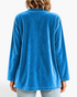 Beach Rose Co. blue velour cardigan with long sleeves and a relaxed fit, shown from the back on a model.