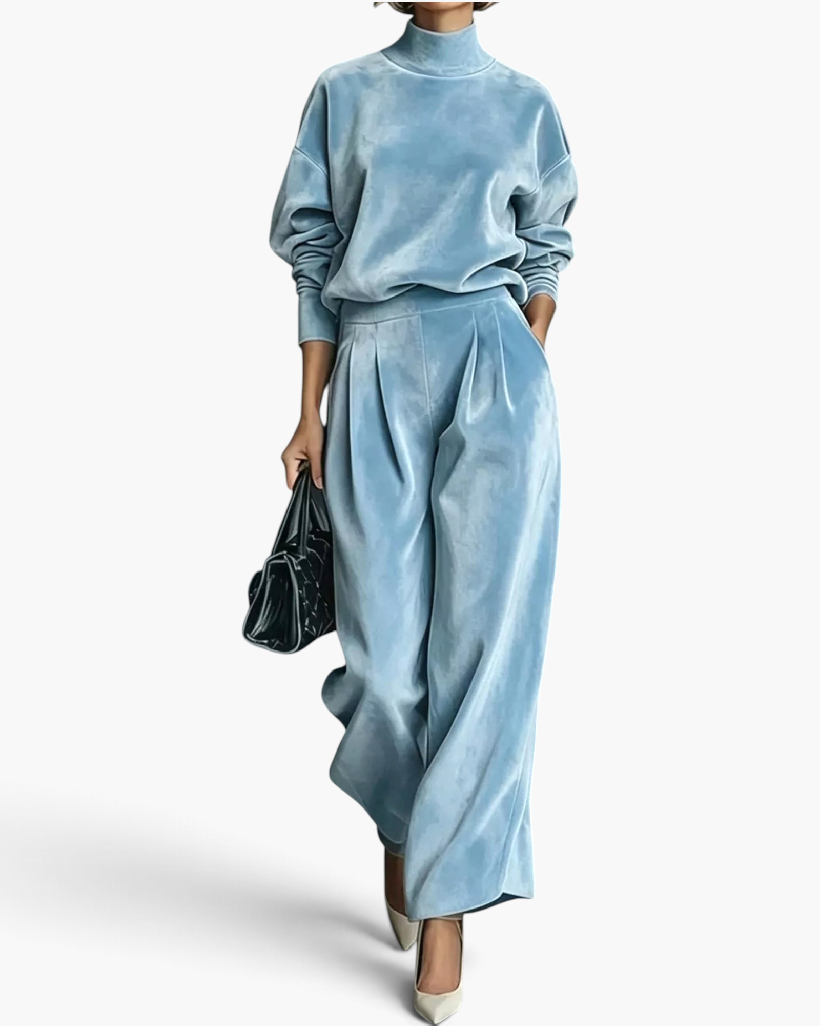 Beach Rose Co. light blue velvet matching set with mock neck top and pleated wide leg pants.