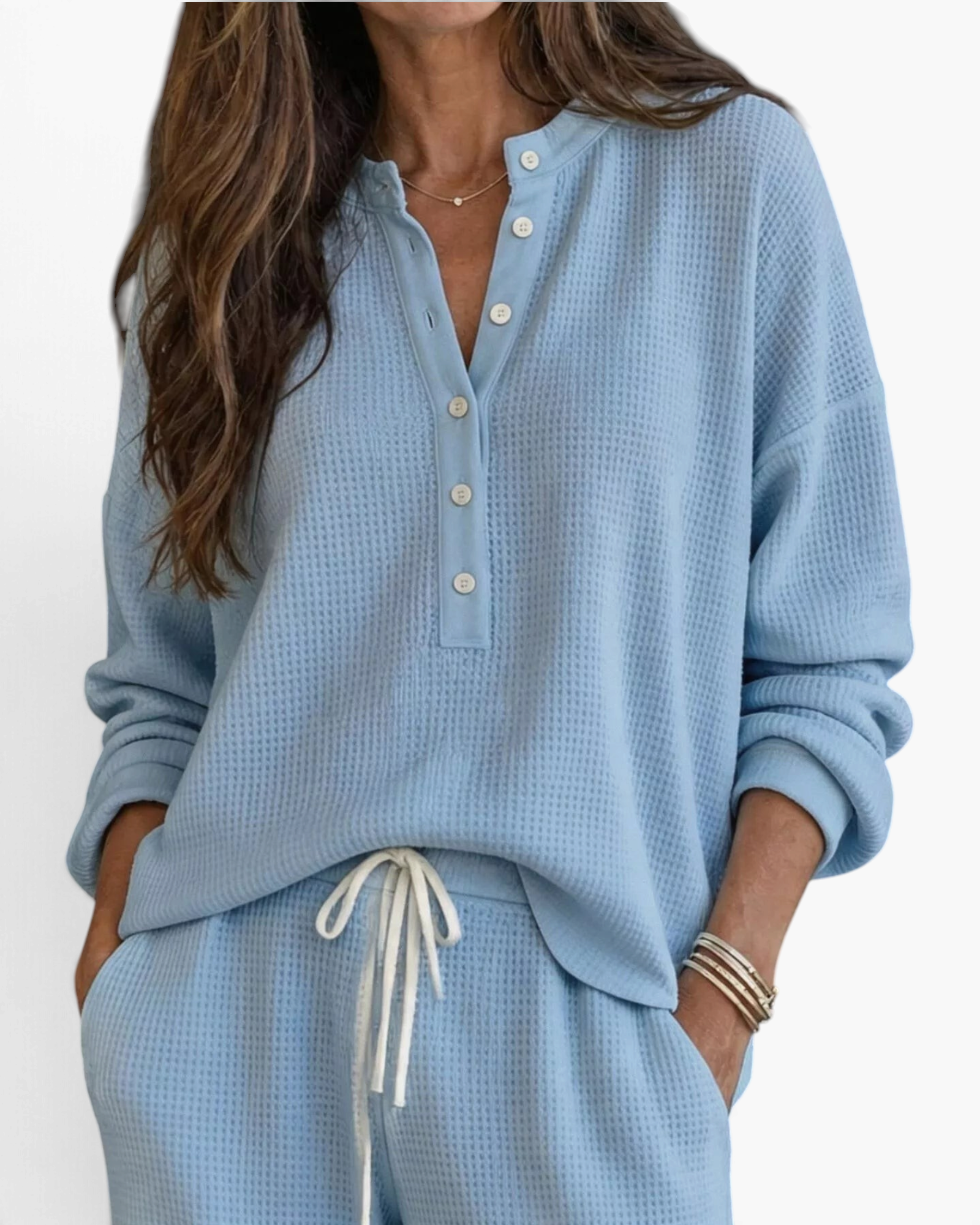 Beach Rose Co. light blue waffle knit two-piece lounge set with button-up top and drawstring pants.